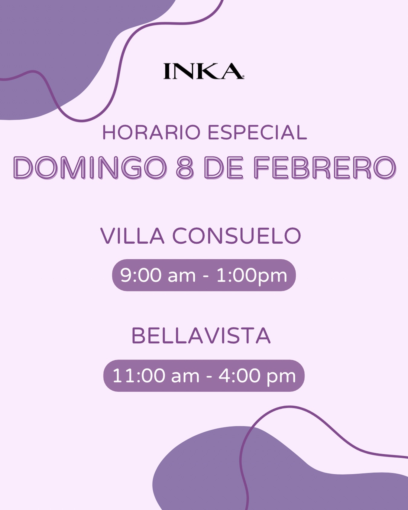 🚨 Atención, Inka lovers 🚨
Mañana domingo tendremos horario especial ✨
Perfecto para darte ese gustico que tienes pendiente 😍#Accesorios
#ModaFemenina
#Estilo
#bellavista
#villavonsuelo