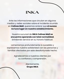 Compartimos este comunicado oficial para aclarar la información que ha estado circulando sobre el incidente ocurrido en Colinas Mall.Agradecemos su confianza e invitamos a consultar siempre nuestros canales oficiales para obtener información verificada.#inkaaccesorios #colinasmall #santiagord