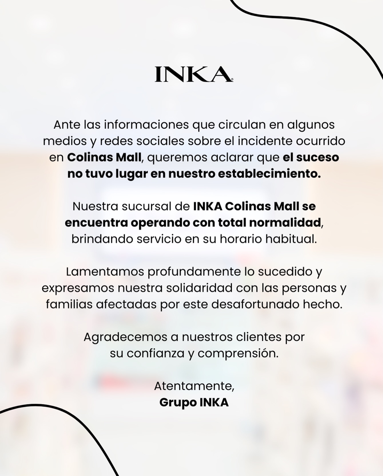 Compartimos este comunicado oficial para aclarar la información que ha estado circulando sobre el incidente ocurrido en Colinas Mall.Agradecemos su confianza e invitamos a consultar siempre nuestros canales oficiales para obtener información verificada.#inkaaccesorios #colinasmall #santiagord