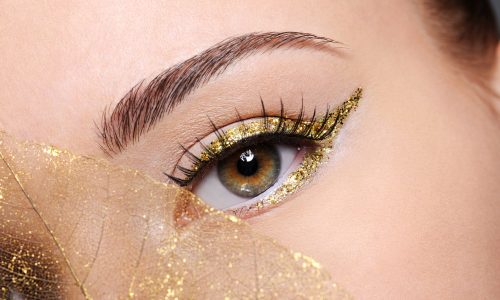 macro-shot-beauty-female-eye-with-golden-eyeliner-make-up-covered-artificial-yellow-leaf